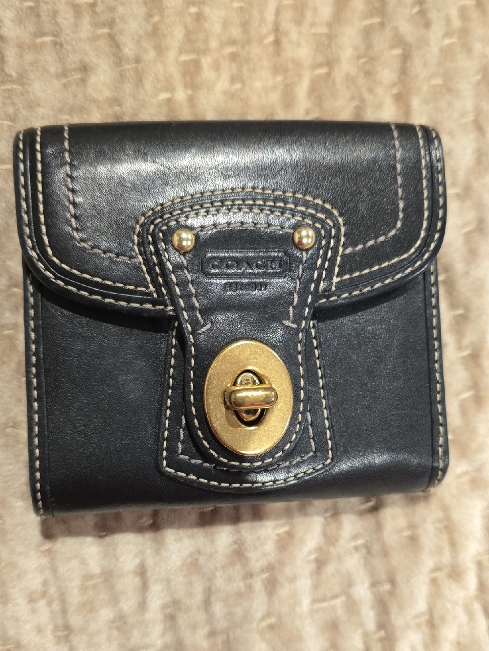 Coach Black Leather Turnlock Wallet with Gold Hardware